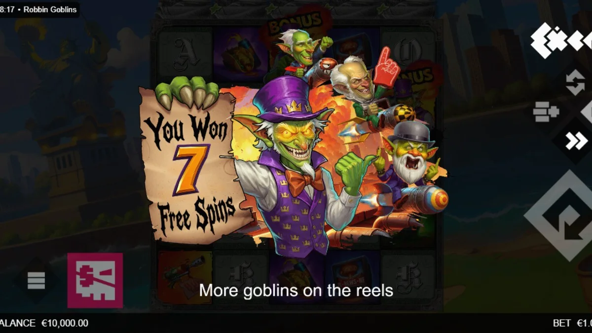 Tampilan visual penuh aksi dari slot Robbin’ Goblins dengan elemen ledakan dan karakter goblin.